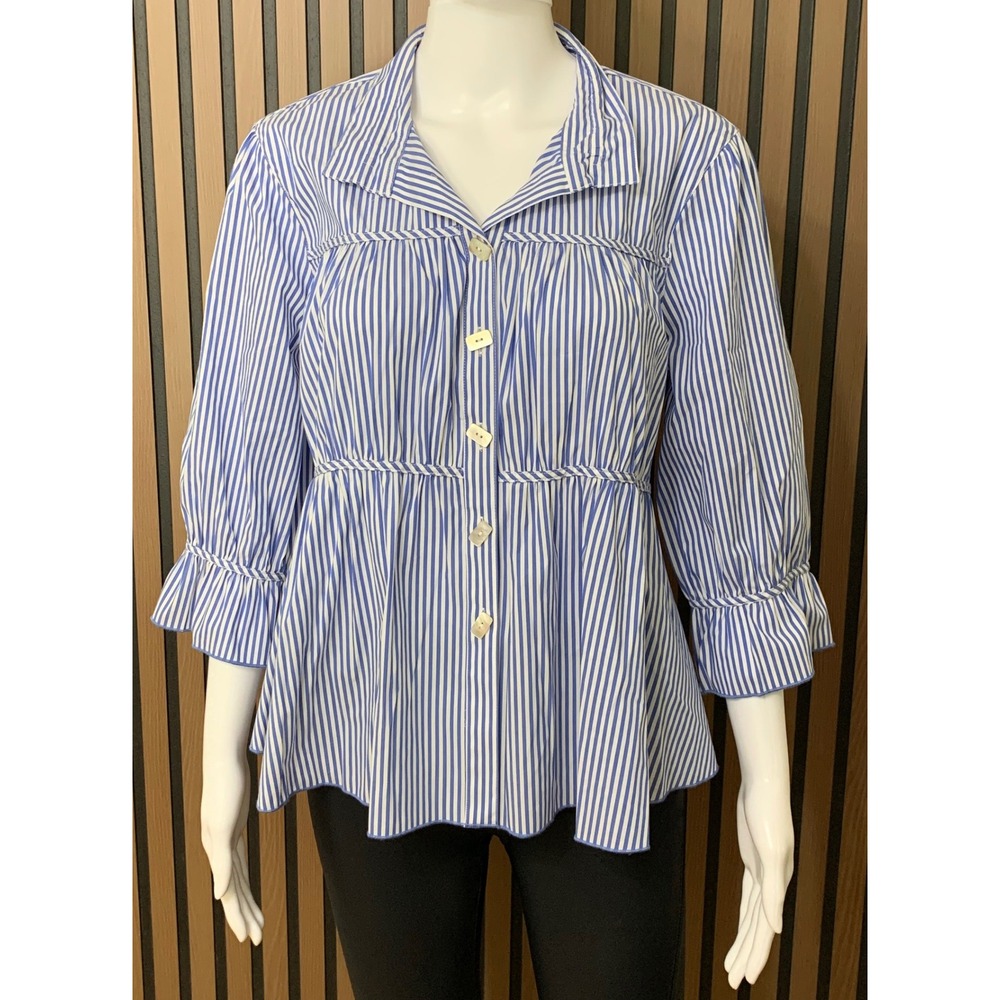 John Mark Blue White Striped Peplum Blouse 3/4 Ruffle Sleeve PL Lagenlook